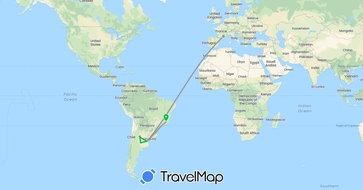 TravelMap itinerary: driving, bus, plane, train, hiking in Argentina, Brazil, France (Europe, South America)